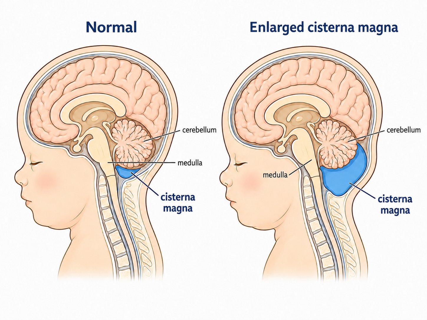 Patient-friendly illustration comparing a normal cisterna magna and an enlarged cisterna magna.